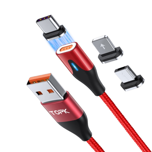 TOPK AM63 1m USB to 8 Pin + USB-C / Type-C + Micro USB 3 in 1 Flat Magnetic Metal Connector Nylon Braided Magnetic Fast Charging Data Cable(Red) - Charging Cable & Head by TOPK | Online Shopping South Africa | PMC Jewellery