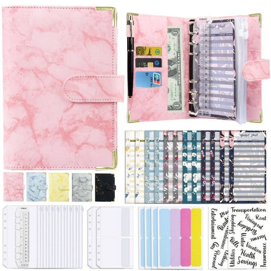 A6 Binder Budget Book Marbled Notebook PU Leather Binder(Pink) - Notebooks by null | Online Shopping South Africa | PMC Jewellery