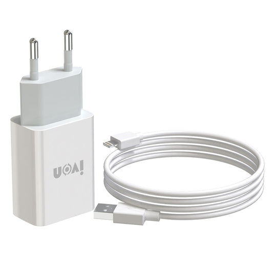 IVON AD-33 2 in 1 2.1A Single USB Port Travel Charger + 1m USB to 8 Pin Data Cable Set, EU Plug(White) - USB Charger by IVON | Online Shopping South Africa | PMC Jewellery