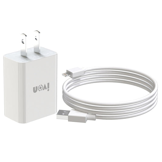 IVON AD-33 2 in 1 2.1A Single USB Port Travel Charger + 1m USB to 8 Pin Data Cable Set, US Plug(White) - USB Charger by IVON | Online Shopping South Africa | PMC Jewellery