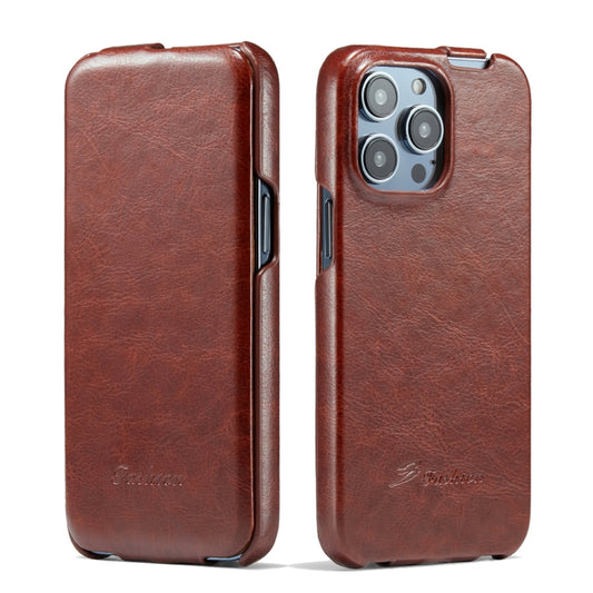 For iPhone 14 Pro Max Fierre Shann Oil Wax Texture Vertical Flip PU Phone Case (Brown) - iPhone 14 Pro Max Cases by FIERRE SHANN | Online Shopping South Africa | PMC Jewellery