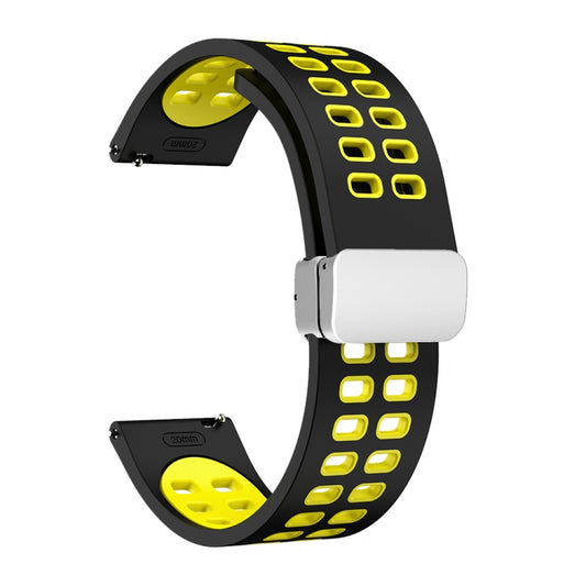 20mm Double-row Hole Folding Silver Buckle Two-color Silicone Watch Band(Black Yellow) - Smart Wear by PMC Jewellery | Online Shopping South Africa | PMC Jewellery