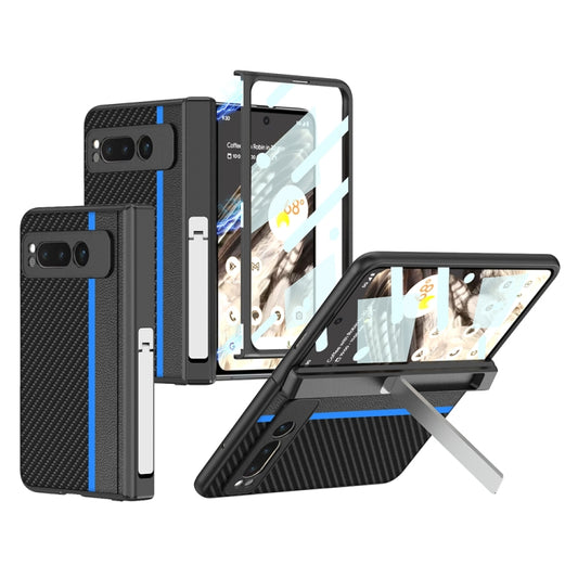 For Google Pixel Fold GKK Integrated Contrast Color Fold Hinge Leather Phone Case with Holder(Blue) - Google Cases by GKK | Online Shopping South Africa | PMC Jewellery