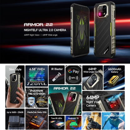 [HK Warehouse] Ulefone Armor 22, 8GB+256GB, IP68/IP69K Rugged Phone, 6.58 inch Android 13 MediaTek Helio G96 Octa Core, Network: 4G, NFC, OTG(Some Green) - Ulefone by Ulefone | Online Shopping South Africa | PMC Jewellery