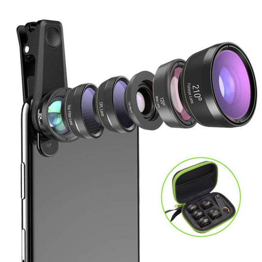 APEXEL APL-DG6V2 6 in 1 Universal External 2X Telephone+210 Degrees Fisheye+15X Macro+120 degree Wide-angle+CPL+Star Filter Lens - Combination Lens by APEXEL | Online Shopping South Africa | PMC Jewellery