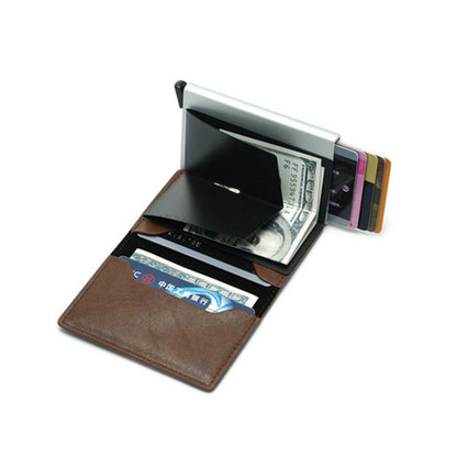 Automatic Elastic Card Type Anti-magnetic RFID Anti-theft Retro Card Package Universal Leather Metal Wallet(Black) - Card & Passport Bags by PMC Jewellery | Online Shopping South Africa | PMC Jewellery