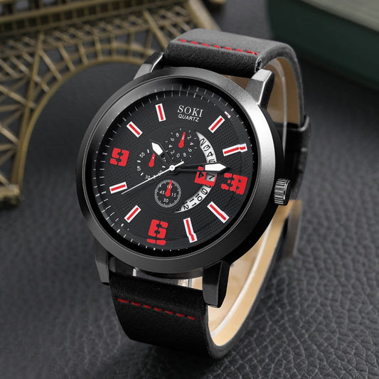 SOKI Men Business Alloy Quartz Watch Jewelry Set(Black Red) - Leather Strap Watches by SOKI | Online Shopping South Africa | PMC Jewellery