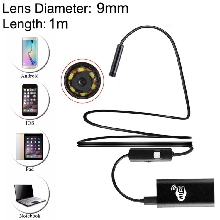 1.0MP HD Camera 30m Wireless Distance Metal WiFi Box Waterproof IPX67 Endoscope Snake Tube Inspection Camera with 6 LED for Android & iOS, Length: 1m, Lens Diameter: 9mm(Black) -  by PMC Jewellery | Online Shopping South Africa | PMC Jewellery | Buy Now Pay Later Mobicred