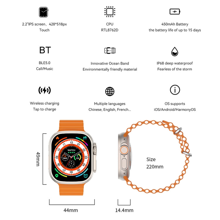 WIWU SW01 Ultra 1.9 inch IPS Screen IP68 Waterproof Bluetooth Smart Watch, Support Heart Rate Monitoring(Orange) - Smart Watches by WIWU | Online Shopping South Africa | PMC Jewellery | Buy Now Pay Later Mobicred