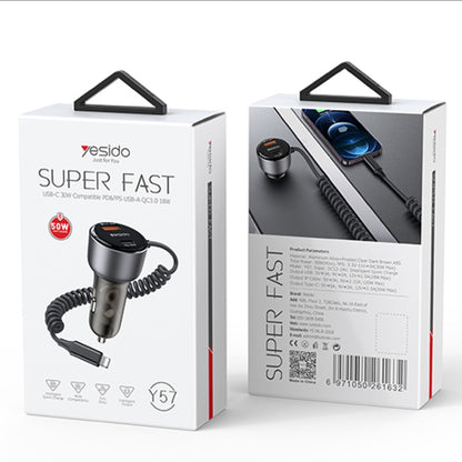 Yesido Y57 50W PD + QC3.0 Dual Port Car Charger with 8 Pin Spring Data Cable - Car Charger by Yesido | Online Shopping South Africa | PMC Jewellery | Buy Now Pay Later Mobicred