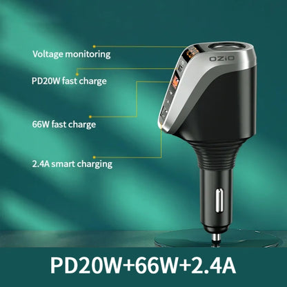 Ozio DY48TC 188W Type-C + USB Dual Port Multi-function Car Charger with Cigarette Lighter (Silver) - Car Charger by ozio | Online Shopping South Africa | PMC Jewellery | Buy Now Pay Later Mobicred