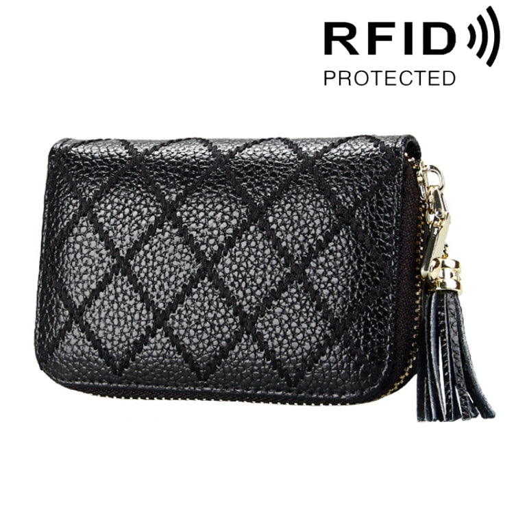 Genuine Cowhide Leather Grid Texture Zipper Card Holder Wallet RFID Blocking Card Bag Protect Case Coin Purse with Tassel Pendant & 15 Card Slots for Women, Size: 11.1*7.9*3.5cm(Black) - Antimagnetic RFID Package by PMC Jewellery | Online Shopping South Africa | PMC Jewellery | Buy Now Pay Later Mobicred