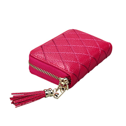 Genuine Cowhide Leather Grid Texture Zipper Card Holder Wallet RFID Blocking Card Bag Protect Case Coin Purse with Tassel Pendant & 15 Card Slots for Women, Size: 11.1*7.9*3.5cm(Magenta) - Antimagnetic RFID Package by PMC Jewellery | Online Shopping South Africa | PMC Jewellery | Buy Now Pay Later Mobicred