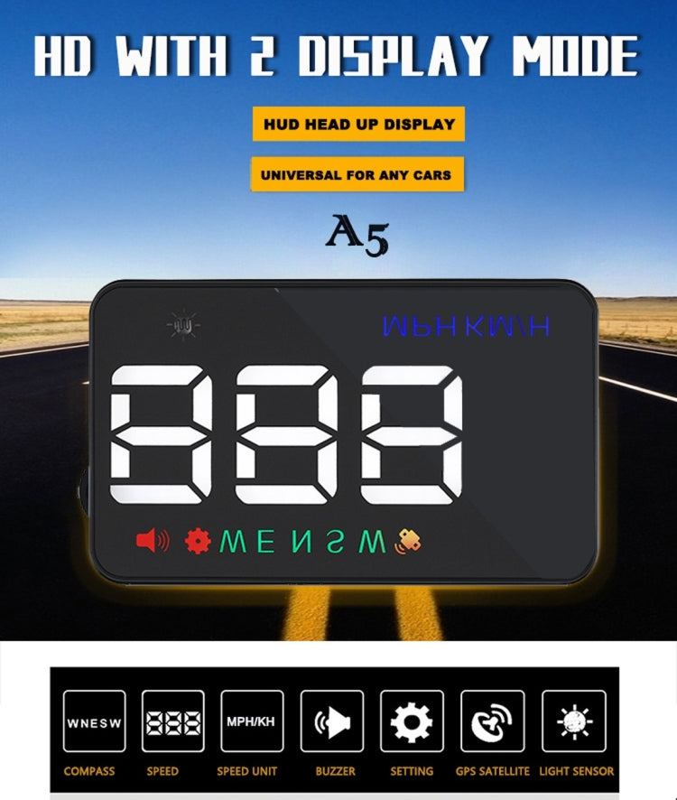 Geyiren A5 HUD 3.5 inch Car Head Up Display with GPS System, Two Mode Display, Light Sensors, KM/h MPH Speed, Compass, Speed Alarm(Black) - Head Up Display System by PMC Jewellery | Online Shopping South Africa | PMC Jewellery | Buy Now Pay Later Mobicred