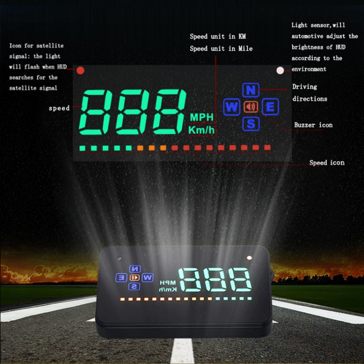 A2 HUD 3.5 inch HD GPS Car Head Up Display, Speed & Over Speed Alarm, Compass, Freely Switch Between Kilometers and Miles(Black) - Head Up Display System by PMC Jewellery | Online Shopping South Africa | PMC Jewellery | Buy Now Pay Later Mobicred