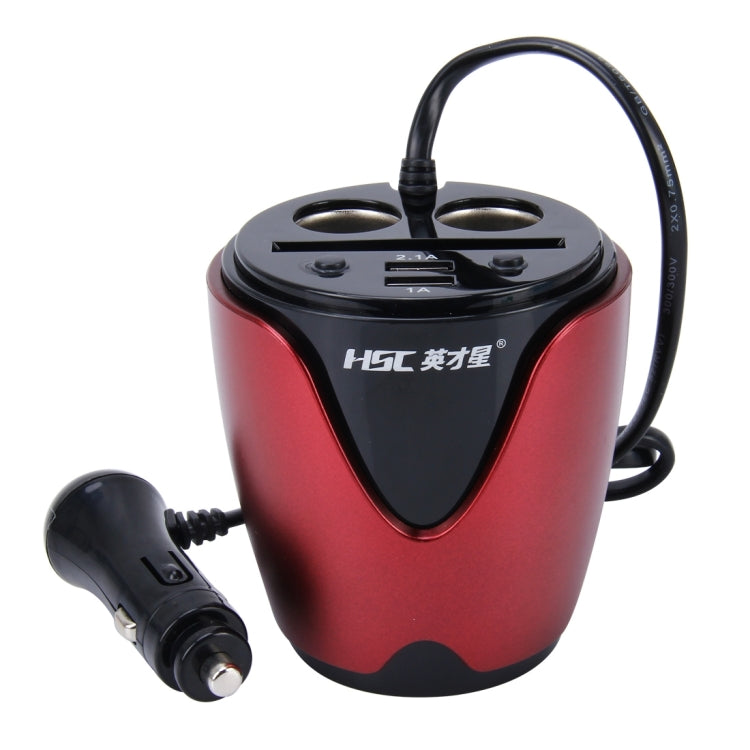 HSC YC-19 Car Cup Charger 2.1A/1A Dual USB Ports Car 12V-24V Charger with 2-Socket Cigarette and Card Socket(Red) - Cigar Socket by PMC Jewellery | Online Shopping South Africa | PMC Jewellery | Buy Now Pay Later Mobicred