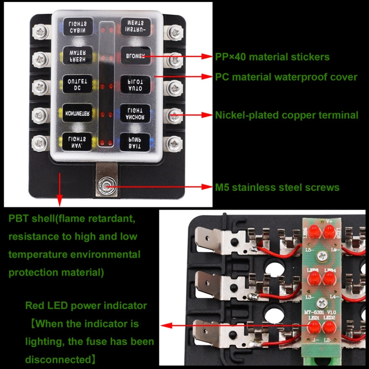 1 in 10 Out Fuse Box Screw Terminal Section Fuse Holder Kits with LED Warning Indicator for Auto Car Truck Boat - Fuse by PMC Jewellery | Online Shopping South Africa | PMC Jewellery