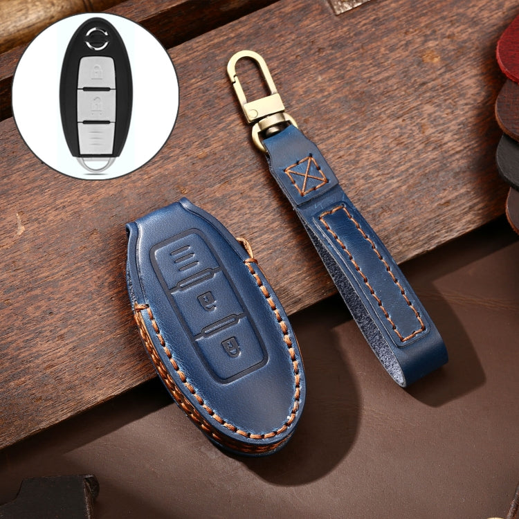 Hallmo Car Cowhide Leather Key Protective Cover Key Case for Nissan Sylphy 2-button(Blue) - Car Key Cases by Hallmo | Online Shopping South Africa | PMC Jewellery | Buy Now Pay Later Mobicred