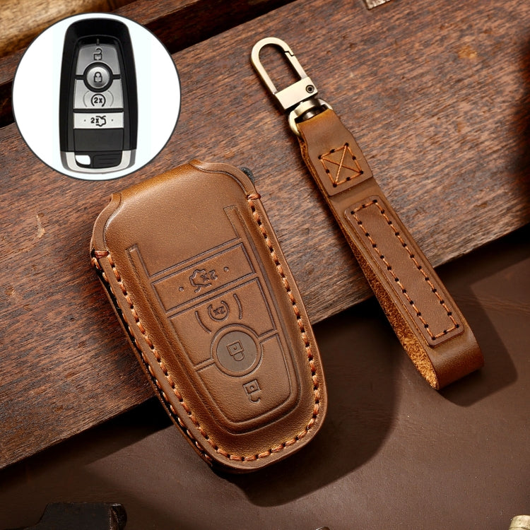 Hallmo Car Cowhide Leather Key Protective Cover Key Case for Ford Focus C Style(Brown) - Car Key Cases by Hallmo | Online Shopping South Africa | PMC Jewellery | Buy Now Pay Later Mobicred