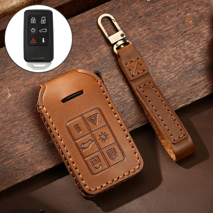 Hallmo Car Cowhide Leather Key Protective Cover Key Case for Volvo 6-button(Brown) - Car Key Cases by Hallmo | Online Shopping South Africa | PMC Jewellery | Buy Now Pay Later Mobicred