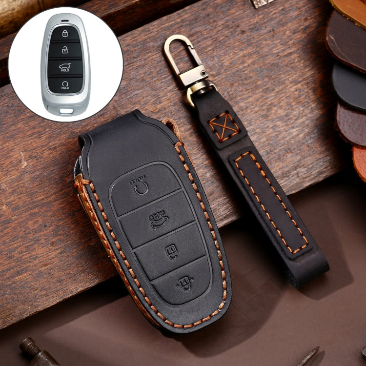 Hallmo Car Cowhide Leather Key Protective Cover Key Case for Hyundai 4-button Start(Black) - Car Key Cases by Hallmo | Online Shopping South Africa | PMC Jewellery | Buy Now Pay Later Mobicred