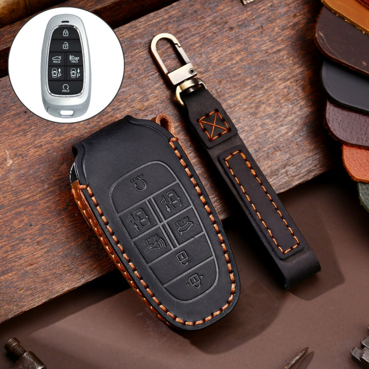 Hallmo Car Cowhide Leather Key Protective Cover Key Case for Hyundai 7-button(Black) - Car Key Cases by Hallmo | Online Shopping South Africa | PMC Jewellery | Buy Now Pay Later Mobicred
