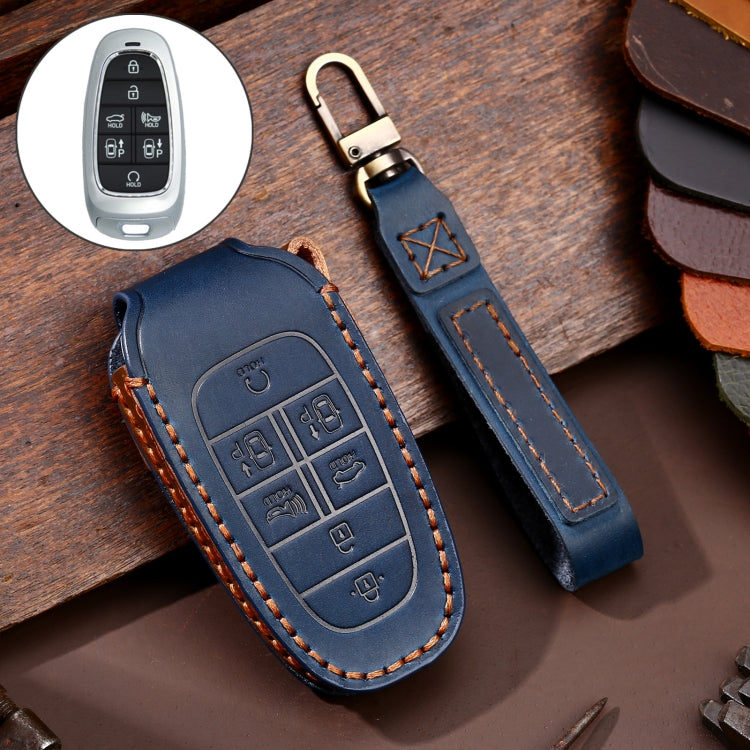 Hallmo Car Cowhide Leather Key Protective Cover Key Case for Hyundai 7-button(Blue) - Car Key Cases by Hallmo | Online Shopping South Africa | PMC Jewellery | Buy Now Pay Later Mobicred