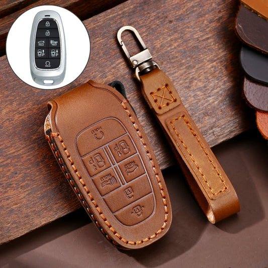 Hallmo Car Cowhide Leather Key Protective Cover Key Case for Hyundai 7-button(Brown) - Car Key Cases by Hallmo | Online Shopping South Africa | PMC Jewellery | Buy Now Pay Later Mobicred