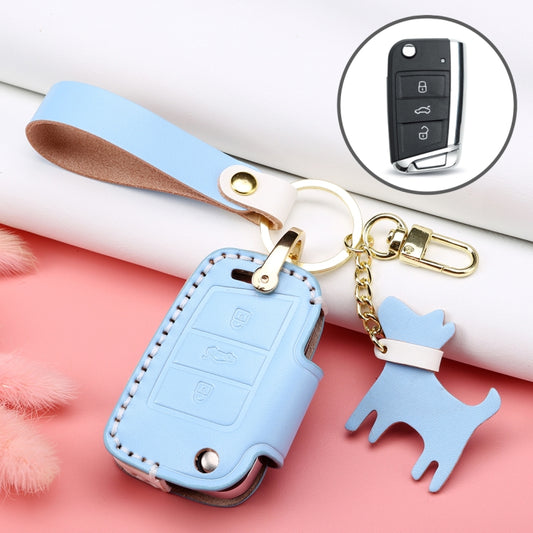 Hallmo Car Female Style Cowhide Leather Key Protective Cover for Volkswagen, B Type Folding(Sky Blue) - Car Key Cases by Hallmo | Online Shopping South Africa | PMC Jewellery | Buy Now Pay Later Mobicred