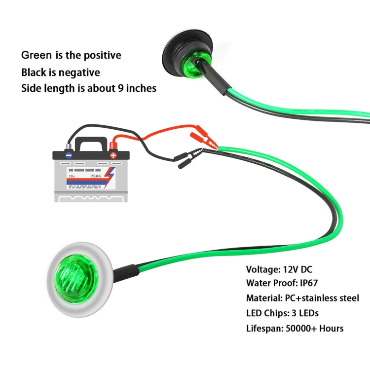 10 PCS MK-118 3/4 inch Metal Frame Car / Truck 3LEDs Side Marker Indicator Lights Bulb Lamp (Green Light) - Clearance Lights by PMC Jewellery | Online Shopping South Africa | PMC Jewellery | Buy Now Pay Later Mobicred