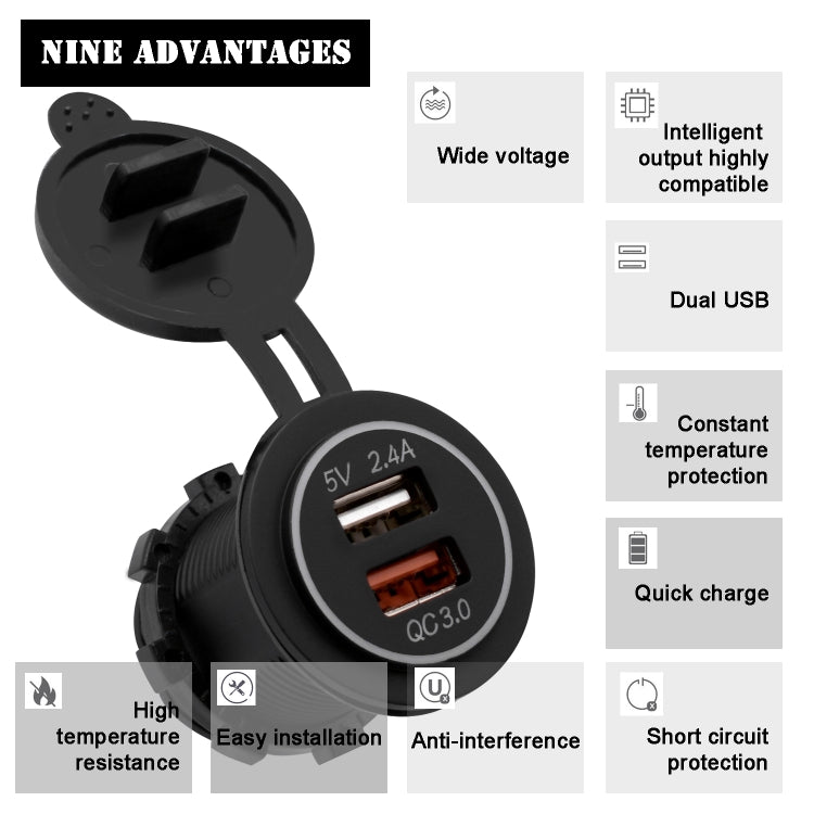 Universal Car QC3.0 Dual Port USB Charger Power Outlet Adapter 5V 2.4A IP66 with 60cm Cable(Green Light) - DIY Modified Charger by PMC Jewellery | Online Shopping South Africa | PMC Jewellery | Buy Now Pay Later Mobicred