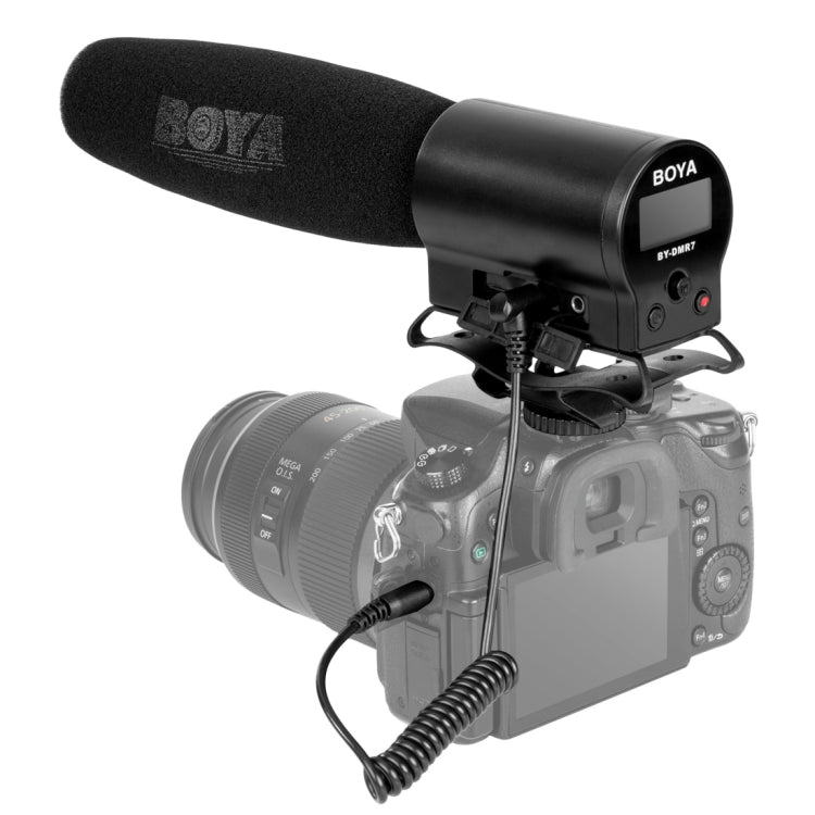 BOYA BY-DMR7 Shotgun Condenser Broadcast Microphone with LCD Display & Integrated Flash Recorder for Canon / Nikon / Sony DSLR Cameras and Video Cameras(Black) - Camera Microphone by BOYA | Online Shopping South Africa | PMC Jewellery | Buy Now Pay Later Mobicred