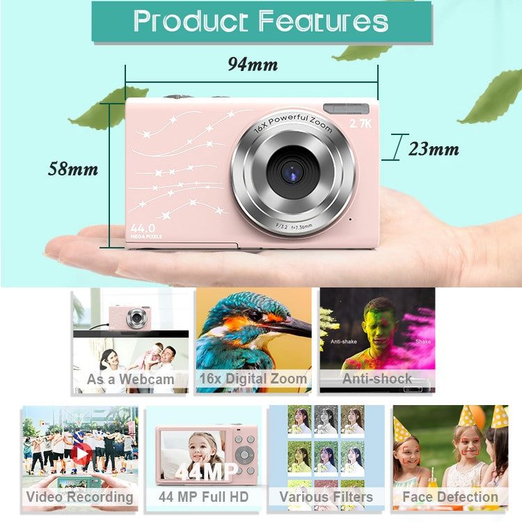 DC402 2.4 inch 44MP 16X Zoom 1080P Full HD Digital Camera Children Card Camera, US Plug (Pink) - Children Cameras by PMC Jewellery | Online Shopping South Africa | PMC Jewellery | Buy Now Pay Later Mobicred