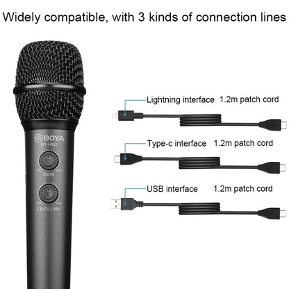 BOYA BY-HM2 Professional Handheld Condenser Microphone 3.5mm Headphone Port with 8 Pin / Type-C / USB Interface 1.2m Extension Cable & Holder - Microphone by BOYA | Online Shopping South Africa | PMC Jewellery | Buy Now Pay Later Mobicred