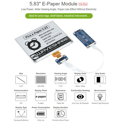 Waveshare 5.83 inch 648x480 Pixel Black White E-Paper E-Ink Display Module for Raspberry Pi Pico, SPI Interface - Modules Expansions Accessories by WAVESHARE | Online Shopping South Africa | PMC Jewellery | Buy Now Pay Later Mobicred