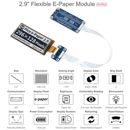 Waveshare 2.9 inch 296 x 128 Pixel Black / White Flexible E-Paper E-Ink Display Module for Raspberry Pi Pico, SPI Interface - Modules Expansions Accessories by WAVESHARE | Online Shopping South Africa | PMC Jewellery | Buy Now Pay Later Mobicred