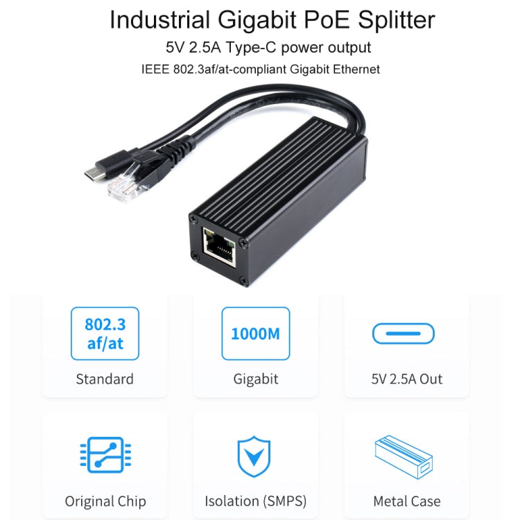 Waveshare Metal Case Gigabit PoE Splitter, 5V 2.5A Type-C Out - Modules Expansions Accessories by WAVESHARE | Online Shopping South Africa | PMC Jewellery | Buy Now Pay Later Mobicred