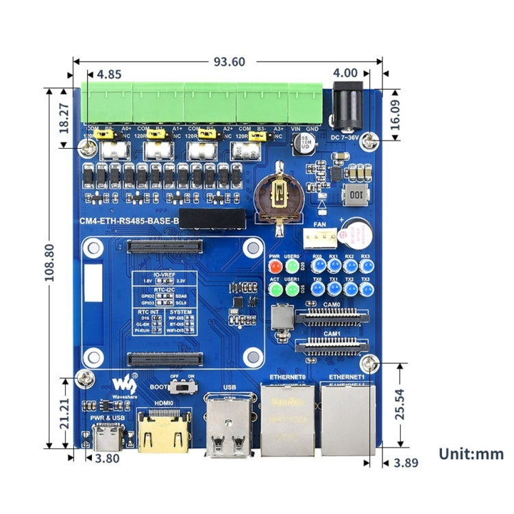 Waveshare Dual ETH Quad RS485 Base Board B for Raspberry Pi CM4, Gigabit Ethernet - LCD & LED Display Module by WAVESHARE | Online Shopping South Africa | PMC Jewellery | Buy Now Pay Later Mobicred