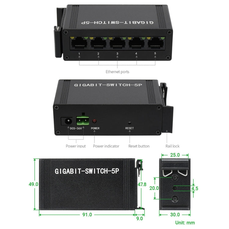 Waveshare Industrial 5P Gigabit Ethernet Switch, Full-Duplex 10/100/1000M, DIN Rail Mount - Modules Expansions Accessories by WAVESHARE | Online Shopping South Africa | PMC Jewellery | Buy Now Pay Later Mobicred