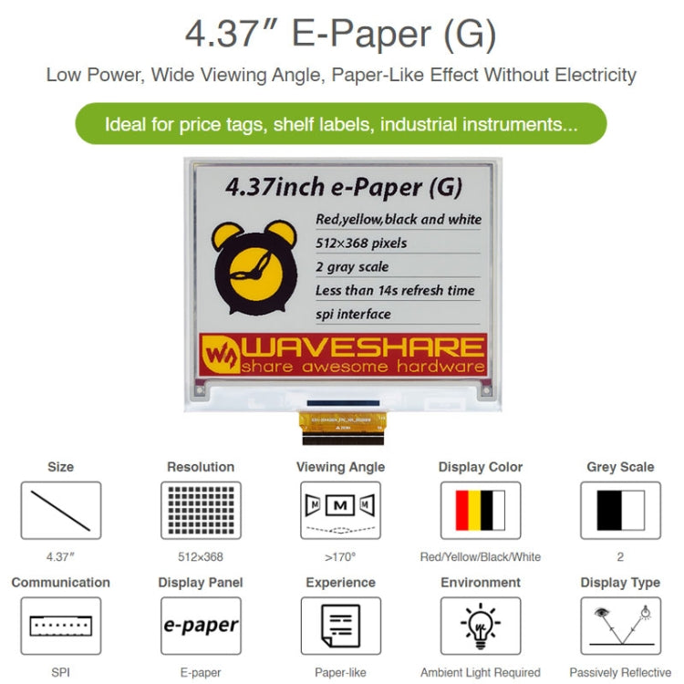 Waveshare 4.37 inch 512 x 368 Pixel Red Yellow Black White E-Paper (G) Raw Display Panel - Modules Expansions Accessories by WAVESHARE | Online Shopping South Africa | PMC Jewellery | Buy Now Pay Later Mobicred