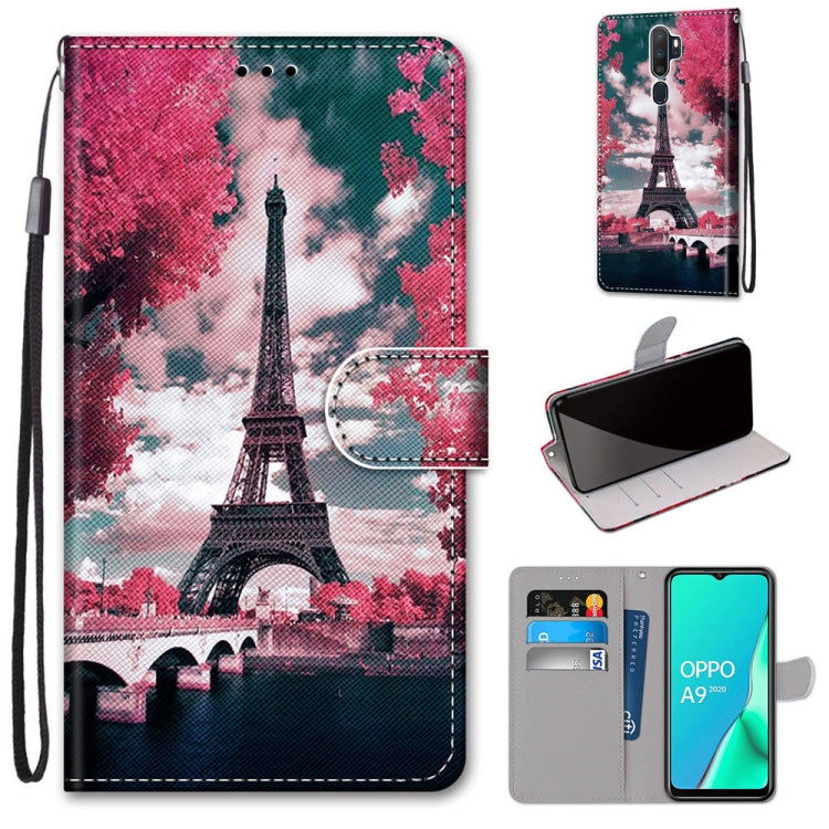 For OPPO A9 (2020) / A5 (2020) / A11X / A11 Coloured Drawing Cross Texture Horizontal Flip PU Leather Case with Holder & Card Slots & Wallet & Lanyard(Pink Flower Tower Bridge) - OPPO Cases by PMC Jewellery | Online Shopping South Africa | PMC Jewellery