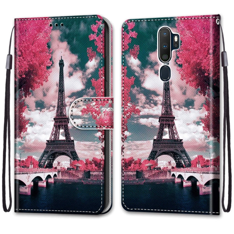For OPPO A9 (2020) / A5 (2020) / A11X / A11 Coloured Drawing Cross Texture Horizontal Flip PU Leather Case with Holder & Card Slots & Wallet & Lanyard(Pink Flower Tower Bridge) - OPPO Cases by PMC Jewellery | Online Shopping South Africa | PMC Jewellery