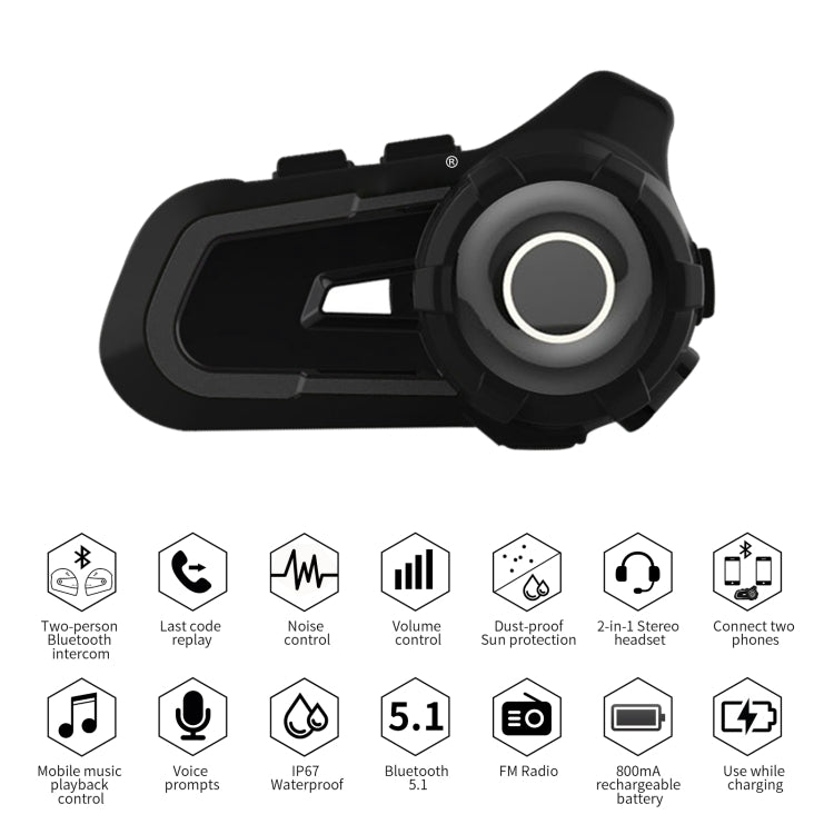 CS-1412D1 Bluetooth 5.1 S2 Motorcycle Helmet Full Duplex Bluetooth Intercom Headset Earphone(Black) - Motorcycle Walkie Talkie by PMC Jewellery | Online Shopping South Africa | PMC Jewellery | Buy Now Pay Later Mobicred