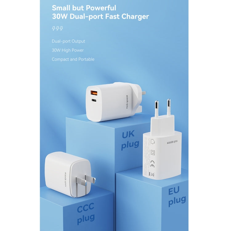 ROCK T51 30W Type-C / USB-C + USB PD Dual Ports Fast Charging Travel Charger Power Adapter, UK Plug(White) - USB Charger by ROCK | Online Shopping South Africa | PMC Jewellery | Buy Now Pay Later Mobicred