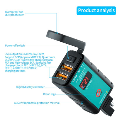 WUPP ZH-1422A1 DC12-24V Motorcycle Square Dual USB Fast Charging Charger with Switch + Voltmeter + Integrated SAE Socket - Battery Charger by WUPP | Online Shopping South Africa | PMC Jewellery | Buy Now Pay Later Mobicred