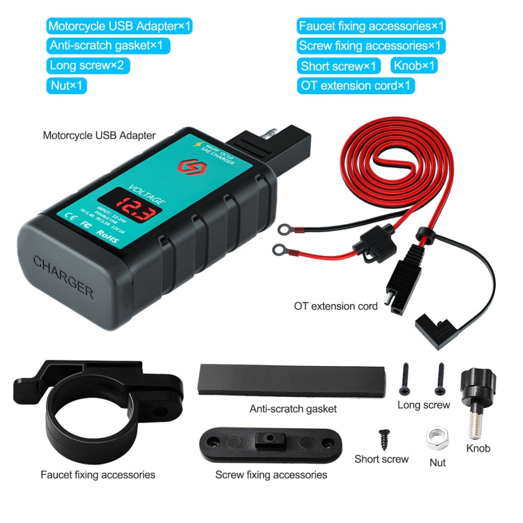 WUPP ZH-1422B3 DC12-24V Motorcycle Square Single USB + PD Fast Charging Charger with Switch + Voltmeter + Integrated SAE Socket + 1.4m OT Terminal Cable - Battery Charger by WUPP | Online Shopping South Africa | PMC Jewellery | Buy Now Pay Later Mobicred