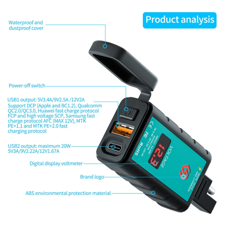 WUPP ZH-1422B3 DC12-24V Motorcycle Square Single USB + PD Fast Charging Charger with Switch + Voltmeter + Integrated SAE Socket + 1.4m OT Terminal Cable - Battery Charger by WUPP | Online Shopping South Africa | PMC Jewellery | Buy Now Pay Later Mobicred