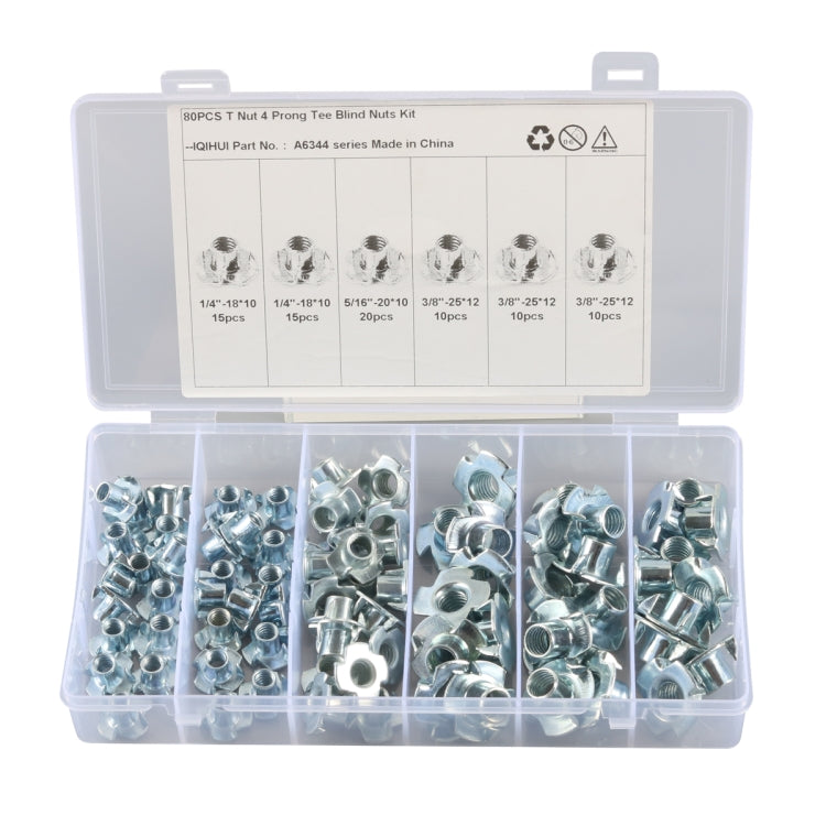 A6344 80 PCS T-Nut 4 Pronged Tee Blind Nuts Assortment Kit - Nuts & Bolts by PMC Jewellery | Online Shopping South Africa | PMC Jewellery | Buy Now Pay Later Mobicred