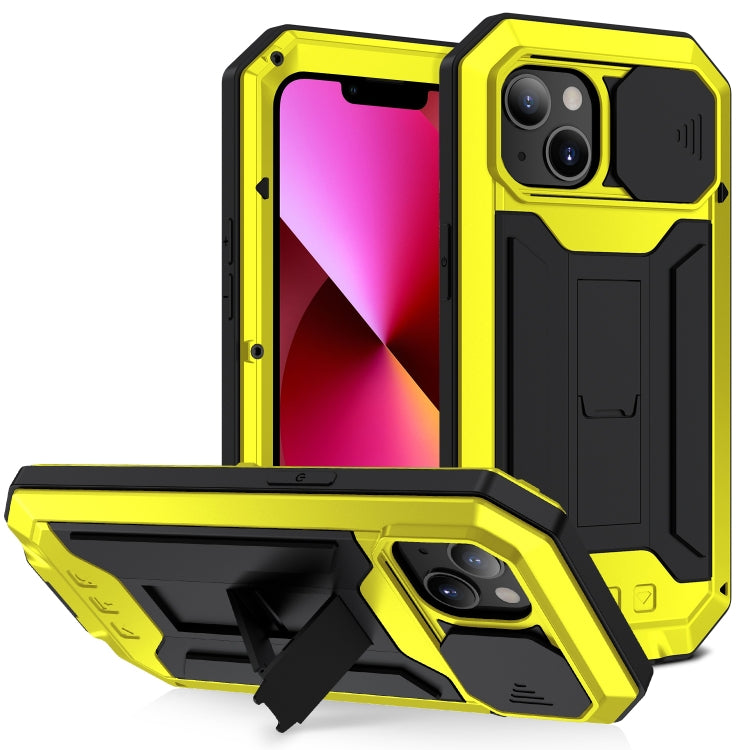 For iPhone 13 R-JUST Sliding Camera Shockproof Life Waterproof Dust-proof Metal + Silicone Protective Case with Holder(Yellow) - iPhone 13 Cases by R-JUST | Online Shopping South Africa | PMC Jewellery