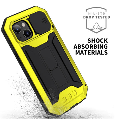 For iPhone 13 R-JUST Sliding Camera Shockproof Life Waterproof Dust-proof Metal + Silicone Protective Case with Holder(Yellow) - iPhone 13 Cases by R-JUST | Online Shopping South Africa | PMC Jewellery